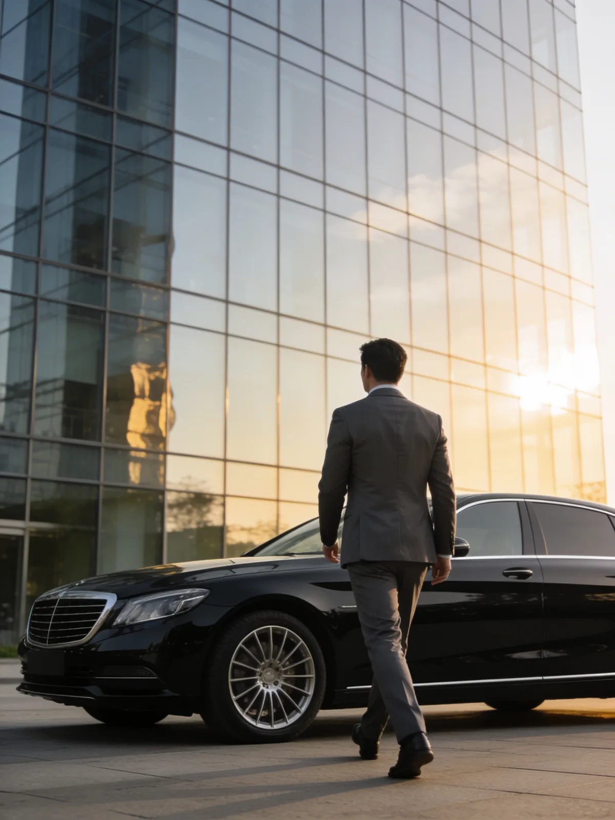 Schwarze Limousine vor einem Bürogebäude
